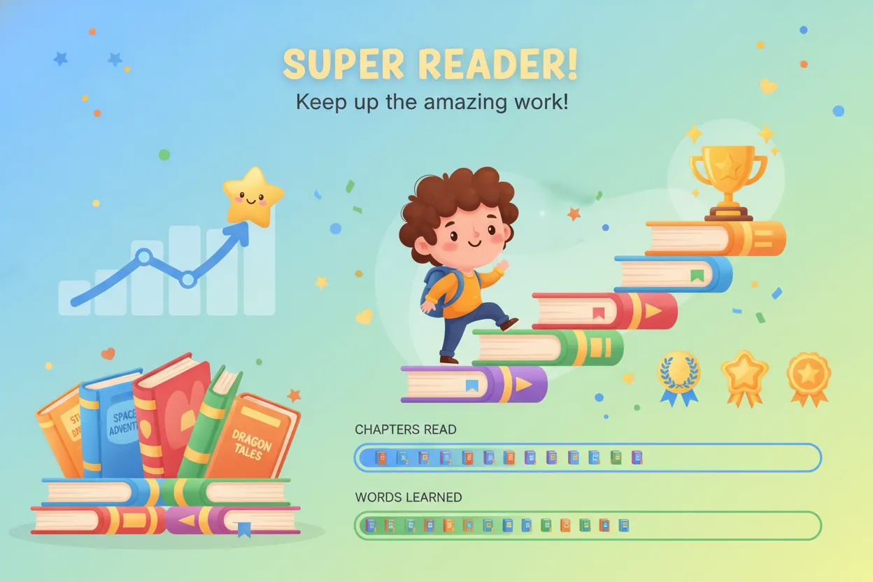 Reading progress dashboard with achievement badges